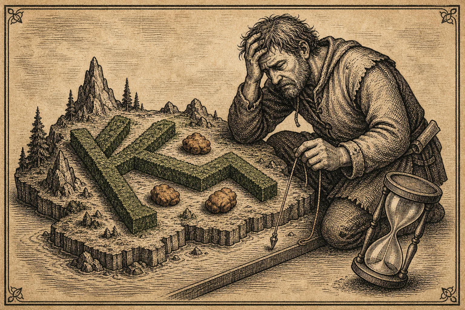An exhausted island planner presents a miniature paradise whose garden path has become one disputed giant letter and several hidden chicken nuggets.