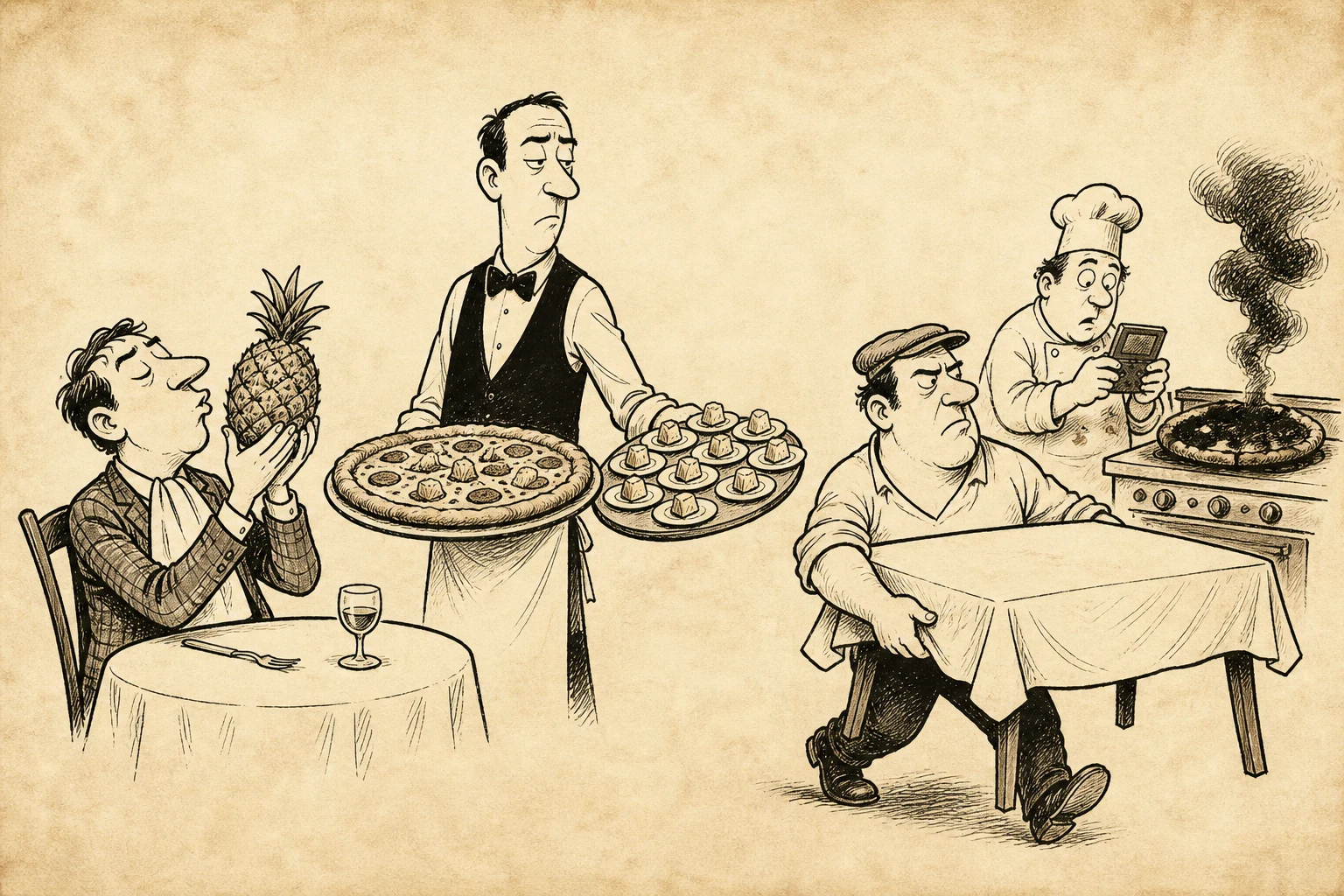 The pineapple delegation is served separately while one diner exercises the constitutional right to relocate the entire table.
