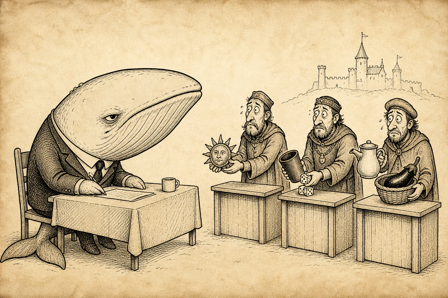 A prospective whale conducts formal transfer due diligence while #1171 presents its complete civic offer: sun, dice, coffee and one unexplained aubergine.