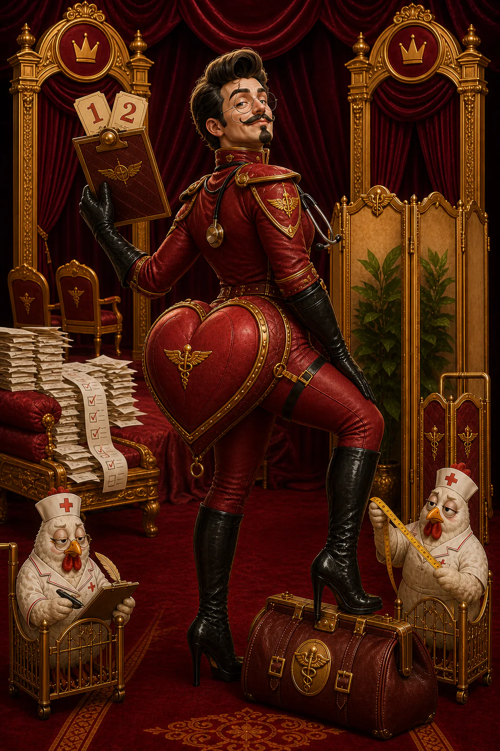 Page 3 centerfold: DrButtLovin models the Royal College's heart-shaped posterior protection while two nurse chickens attempt an inspection without making eye contact.