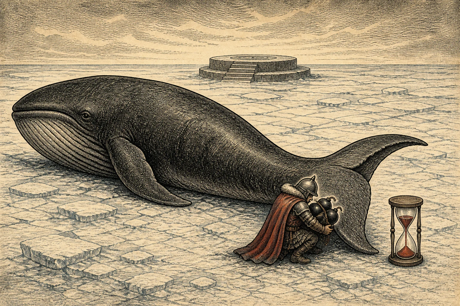 A tiny winter governor waits behind a giant whale with a bundle of bombs and a one-minute sandglass.