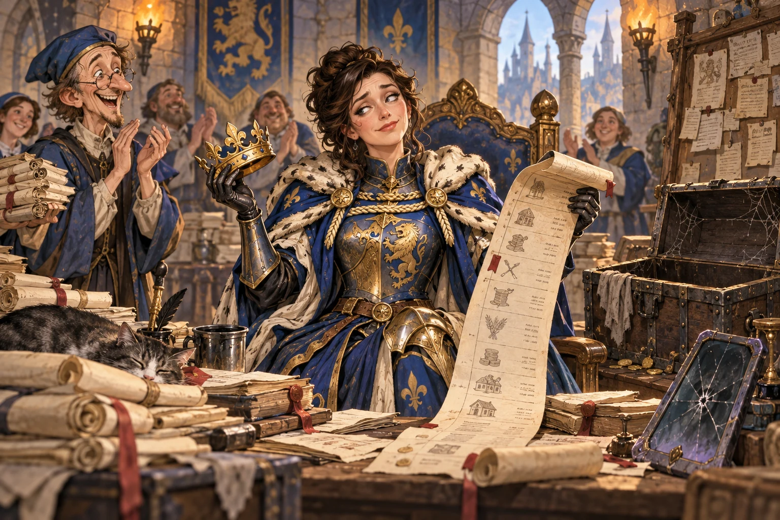 The new reign discovers that applause is plentiful, paperwork breeds overnight and the Treasury chest contains exactly enough gold to illuminate the absence of wages.