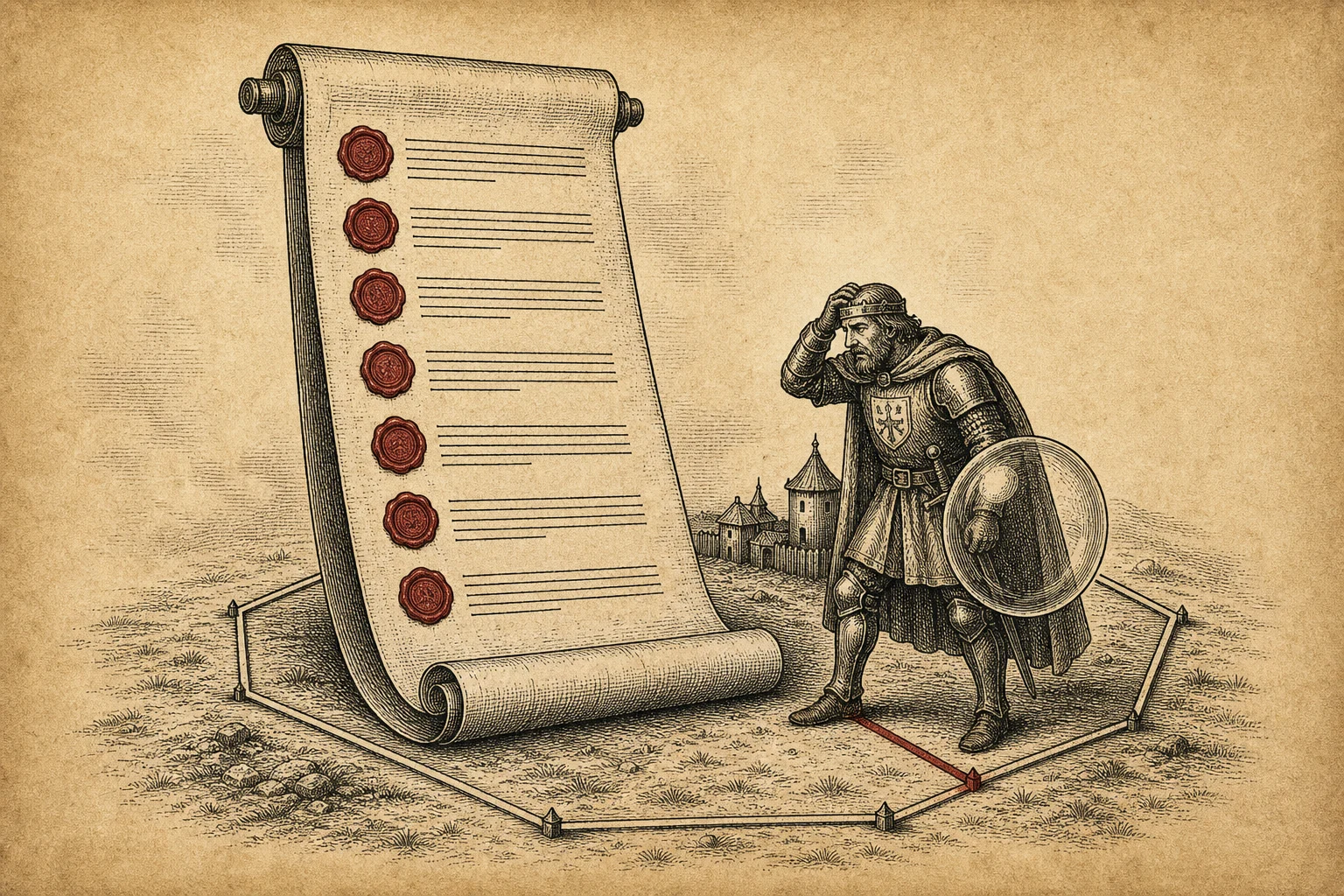 One armored governor studies the enormous All Out rule scroll while standing exactly one boot outside the safe hive boundary.
